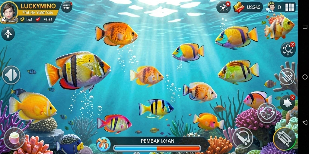 Tampilan gameplay menembak ikan yang seru dan penuh warna.